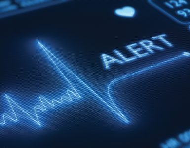 Flat line alert on a heart monitor - 3d render on detail pixelated screen