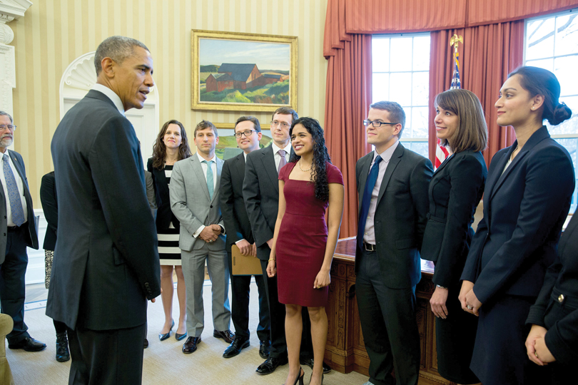  President Barack Obama meets with members of the White House’s Social and Behavioral Sciences Team, including Lori Foster on far right, in 2016 in the Oval Office.