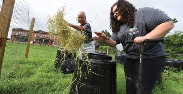 Dr. Donna Wear and Bryauna Barrera (BS '18) sort through compost barrels. Photo by Phil Jones