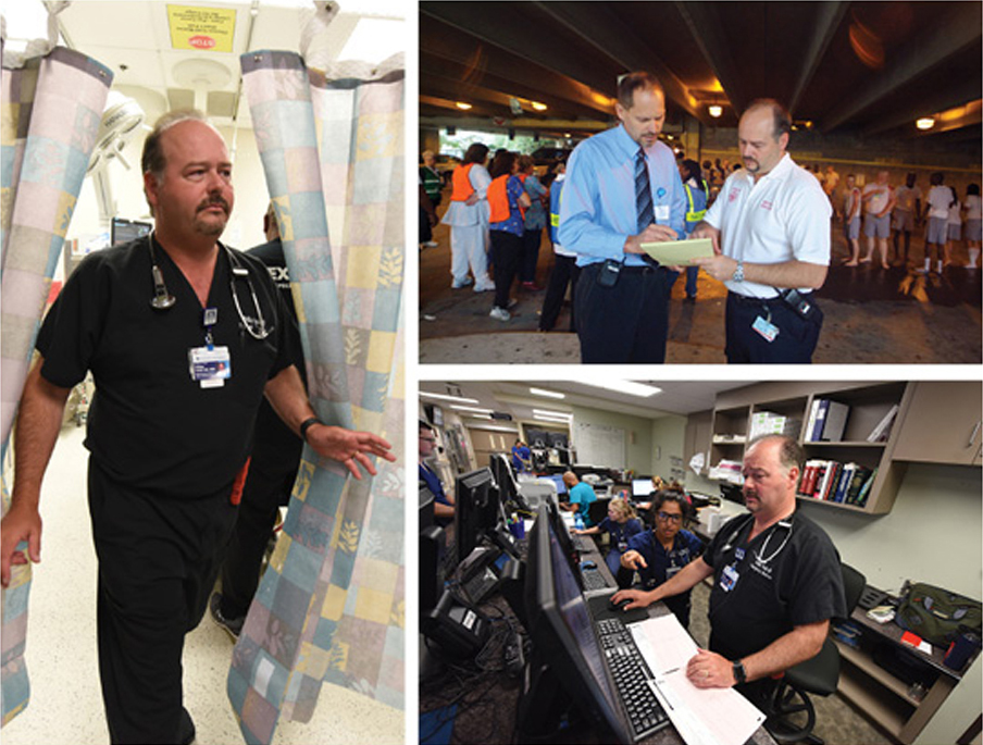 Coule visits Emergency Room patients. Dr. Richard Schwartz and Coule during disaster training exercises, circa 2006. Coule at work in the Emergency Room. Photos by Phil Jones.