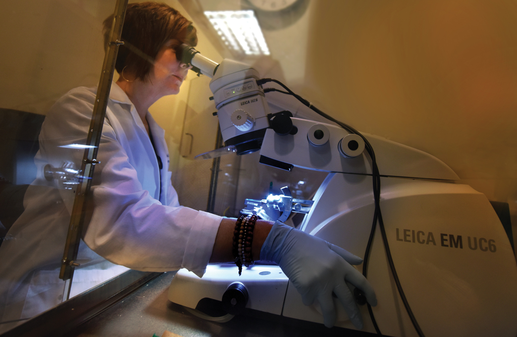 Libby Perry, research manager, works on the ultramicrotome at the Electron Microscopy and Histology Core. Photo by Phil Jones.