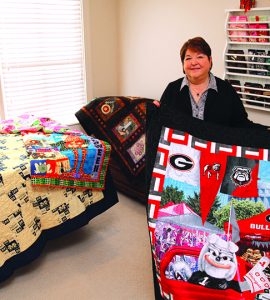 Woman with quilts