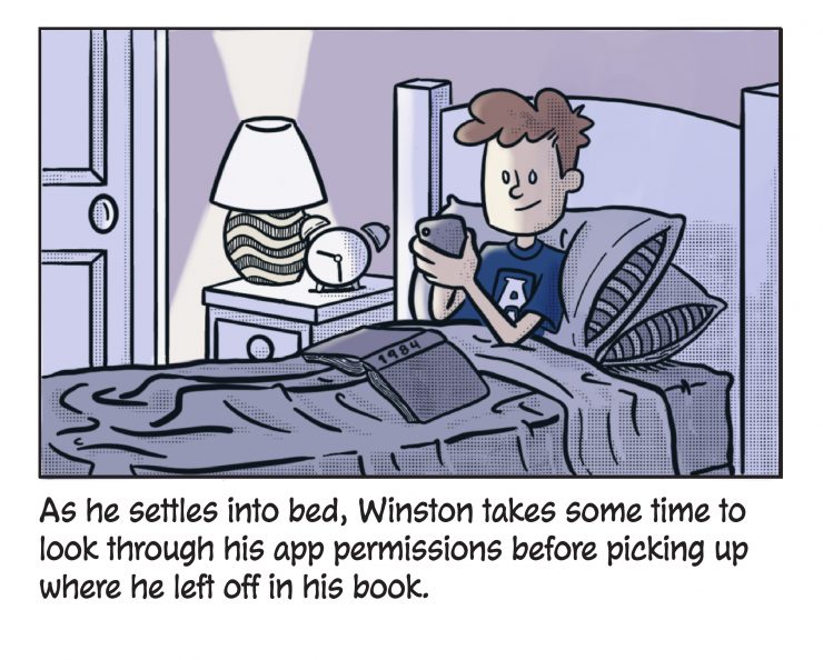 As he settles into bed, Winston takes some time to look through his app permissions before picking up where he left off in his book.