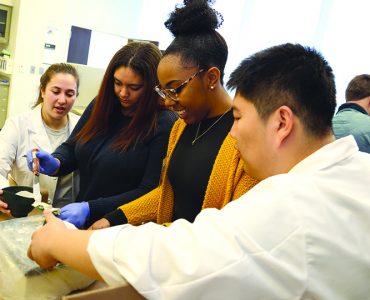 Students looking at research