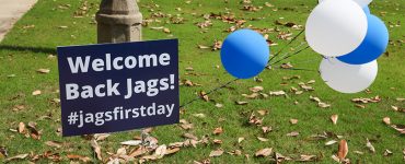 Welcome Back Jags sign with balloons