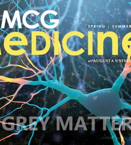 Cover of the MCG Medicine magazine- Spring Summer 2021 edition. Background of neuron
