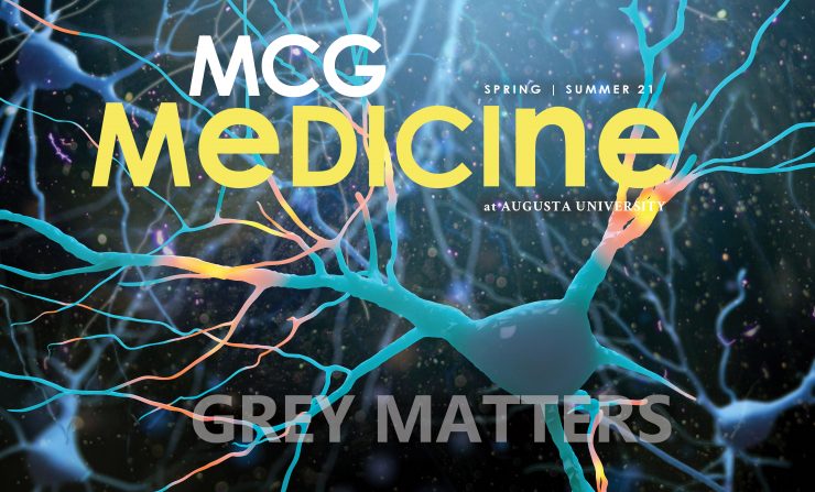 Cover of the MCG Medicine magazine- Spring Summer 2021 edition. Background of neuron