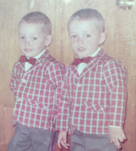 three photos featuring the same twin boys at various ages