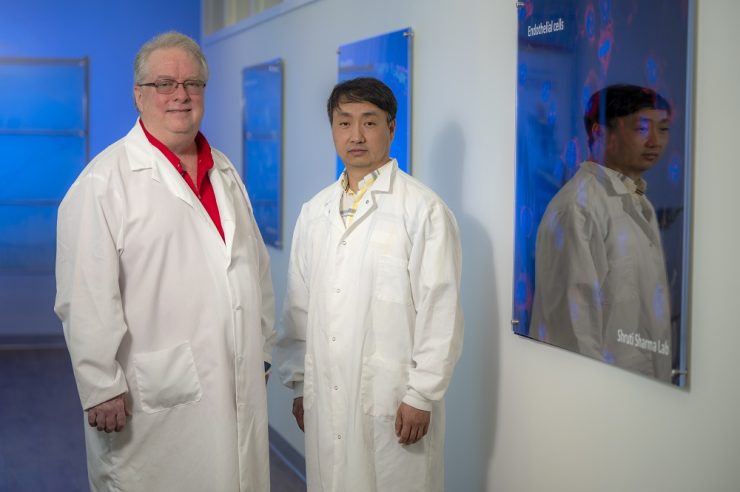 Two men pose for camera in lab