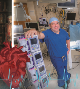 Three men pose for camera in two different photos next to each other. One in his office, the other two together in surgical room. Heart rate monitor and human heart graphic in middle of page.