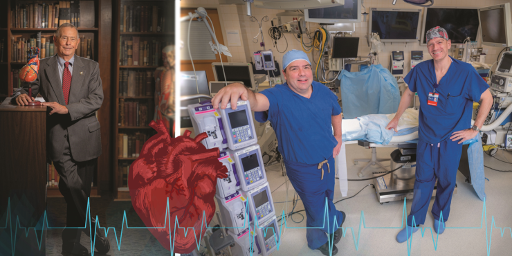 Three men pose for camera in two different photos next to each other. One in his office, the other two together in surgical room. Heart rate monitor and human heart graphic in middle of page.
